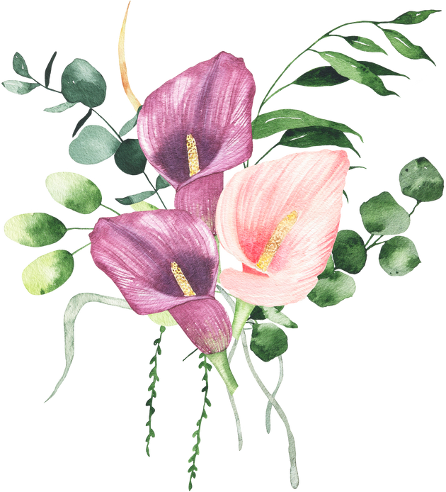Watercolor floral bouquet with flowers roses calla lily greenery leaves illustration